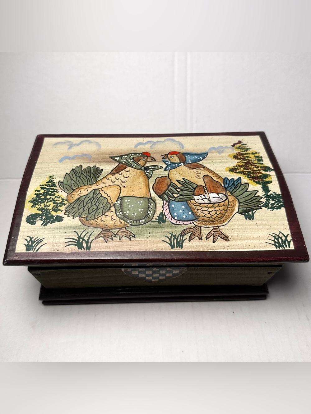 Vintage 70s Hand Painted Chickens Country Farmhouse Wooden Hinged Jewelry Box